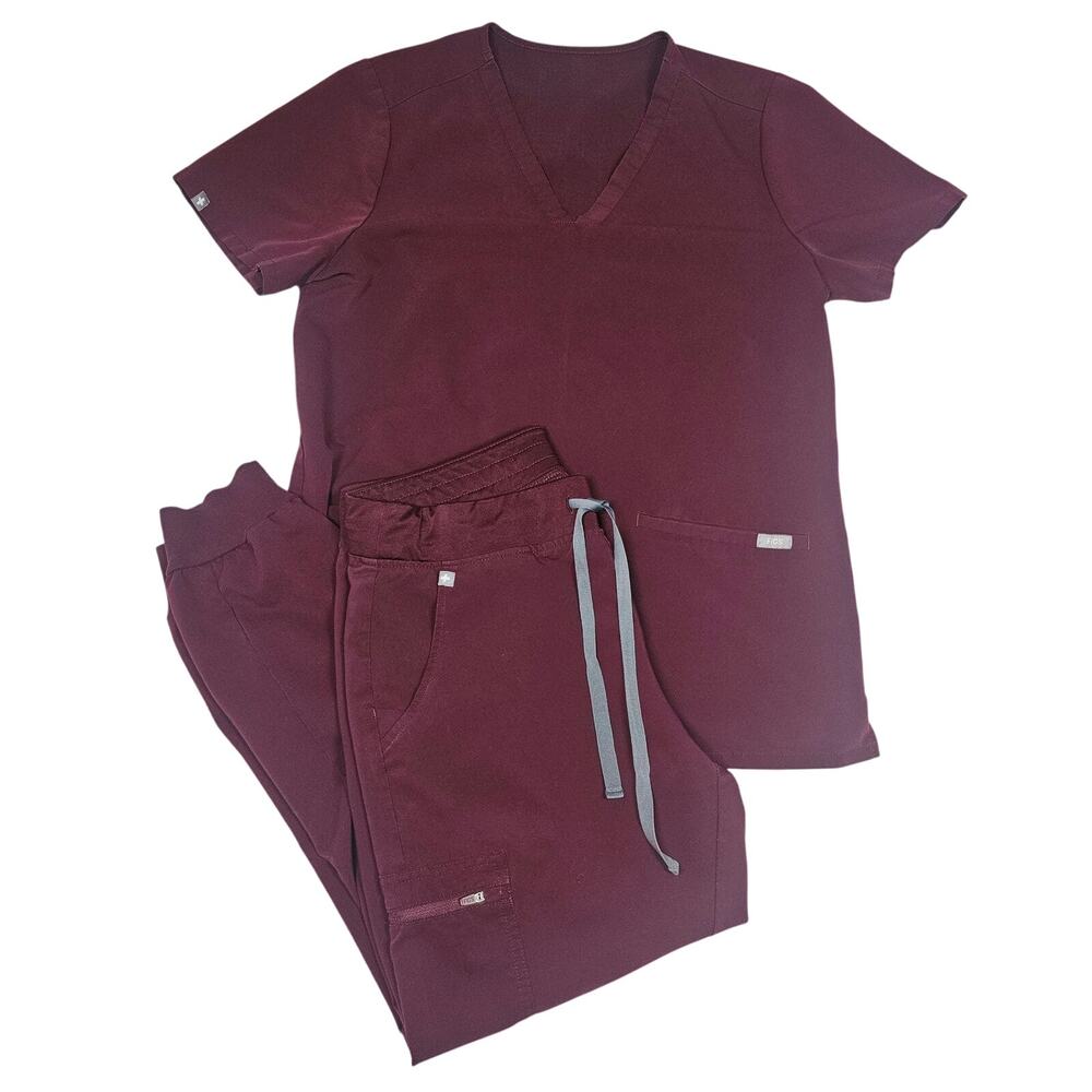 FIGS Women's Burgundy Scrubs Set V-Neck Casma Top + Zamora Jogger Pants Size M
